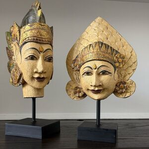 Rama and Sita, Balinese Carved Wooden Heads on Stands, Pair